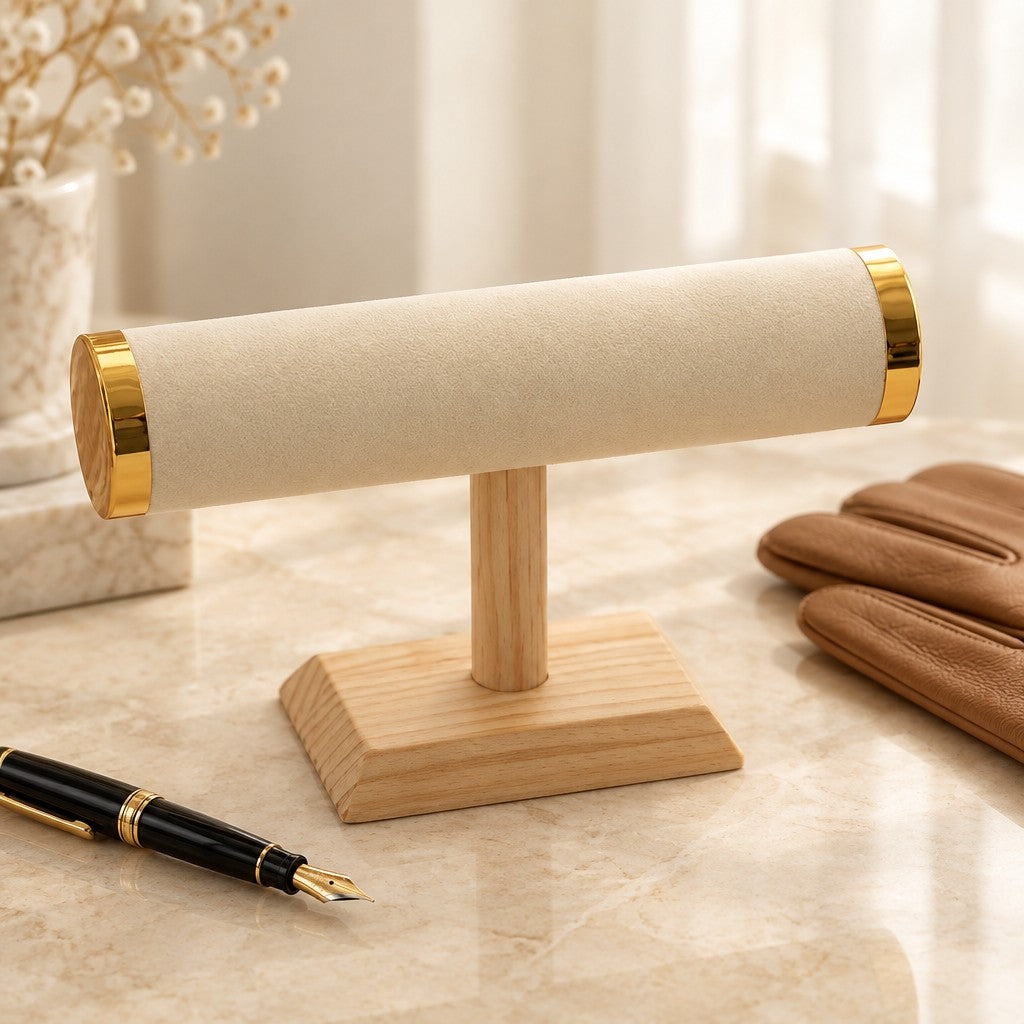 T-bar watch and bracelet stand beside a fountain pen and leather gloves