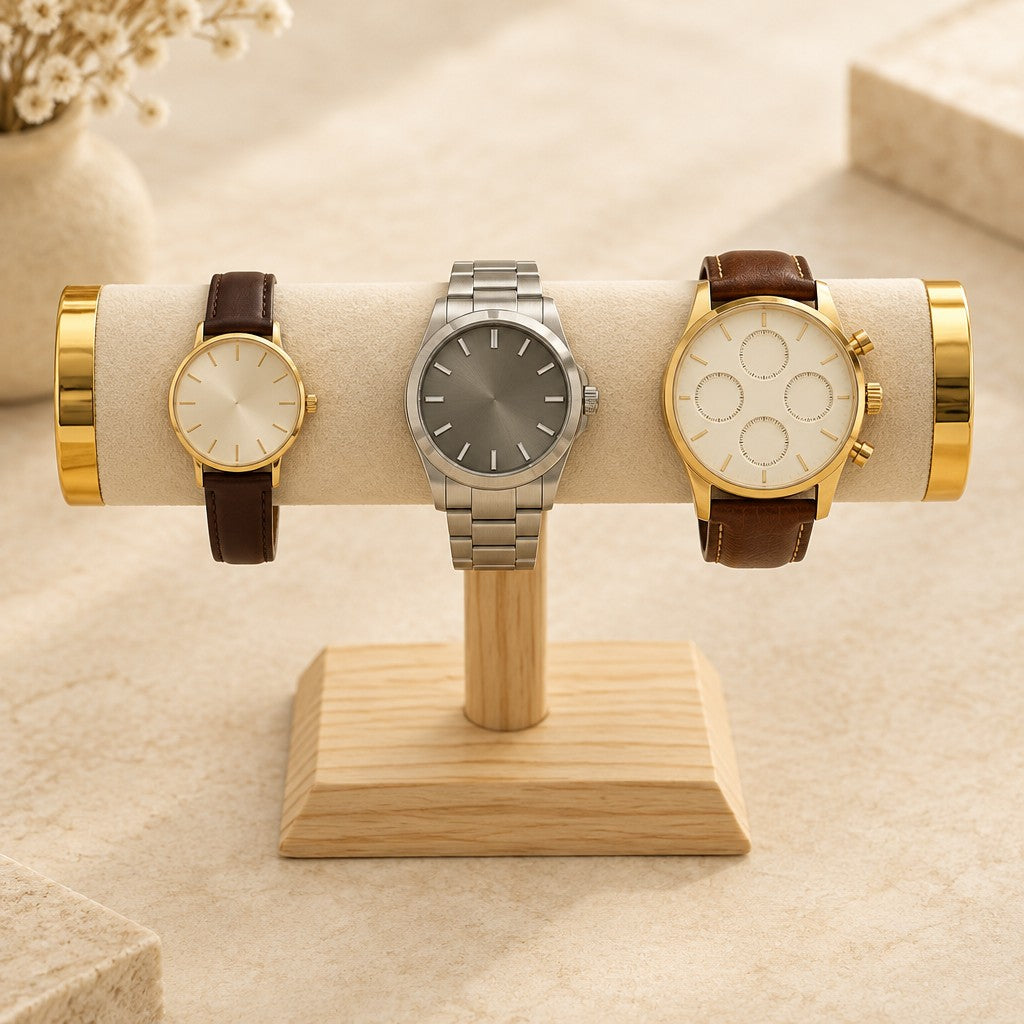 T-bar watch and bracelet stand with watches of different sizes