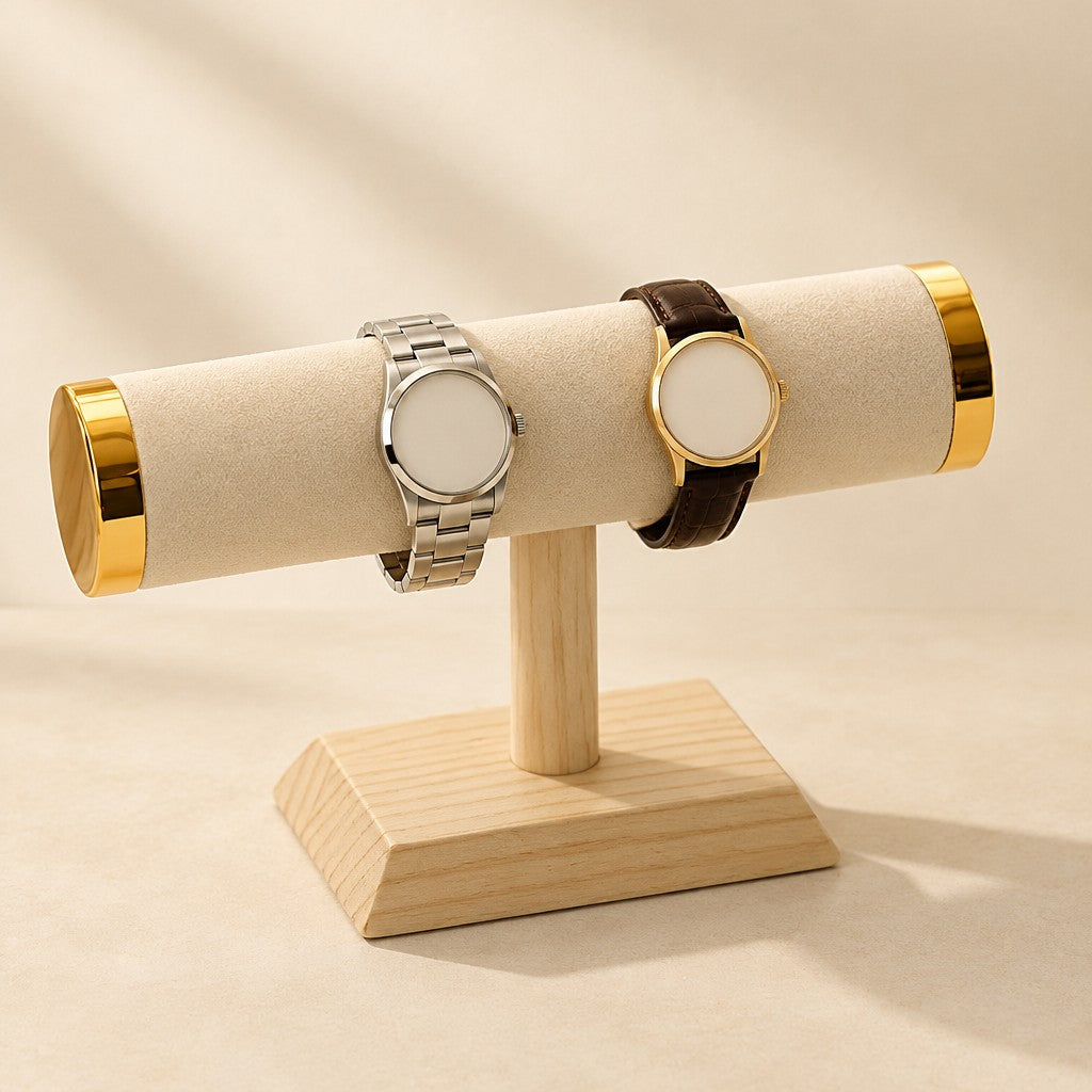 T-bar watch and bracelet stand with a watch, three-quarter view