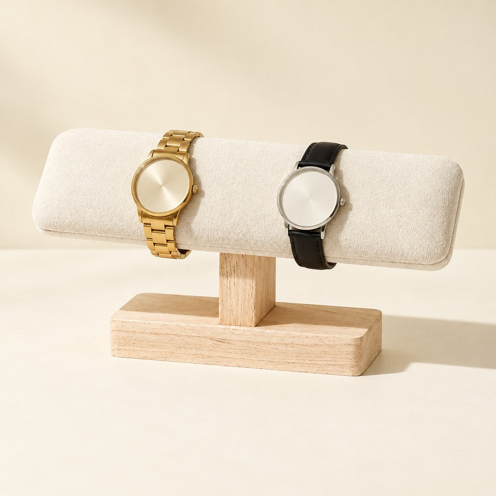 T-bar watch stand with a beige velvet cushion and two watches