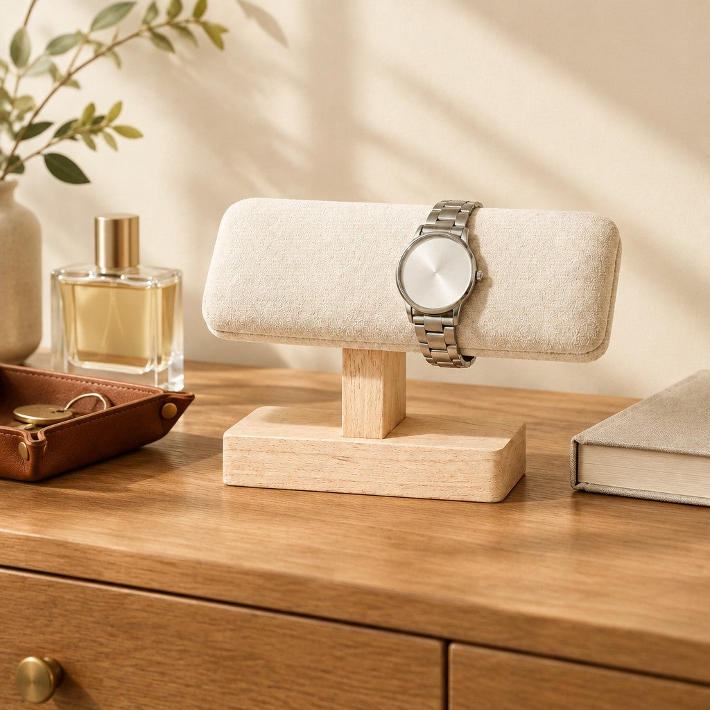 T-bar watch stand on a chest of drawers beside a valet tray and a book