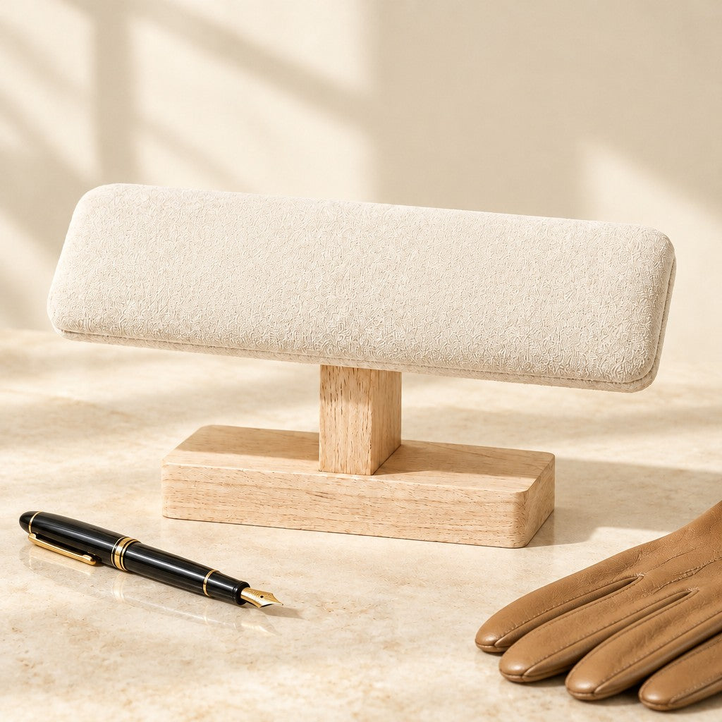 Empty beige velvet T-bar stand beside a fountain pen and leather gloves