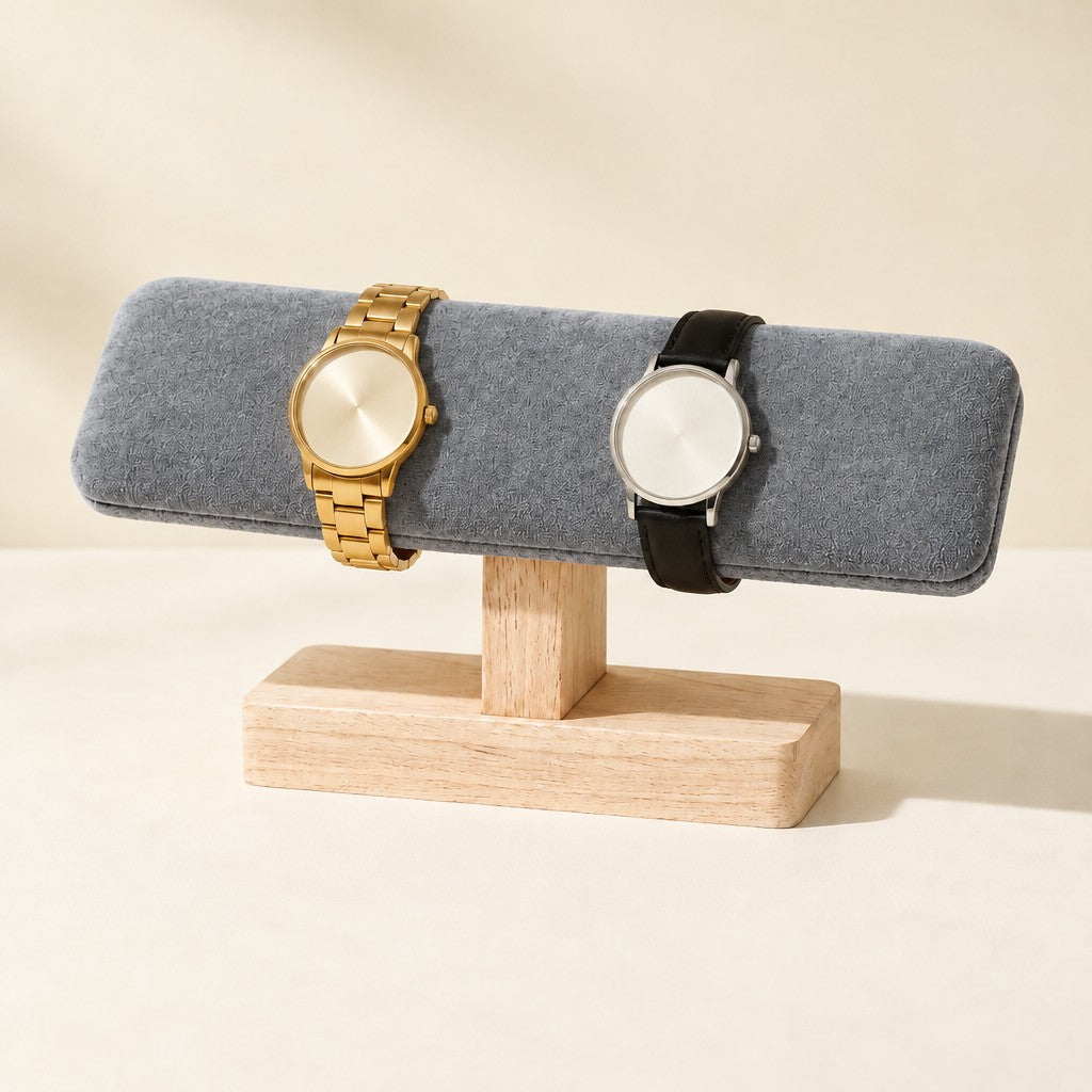 T-bar watch stand with a grey velvet cushion