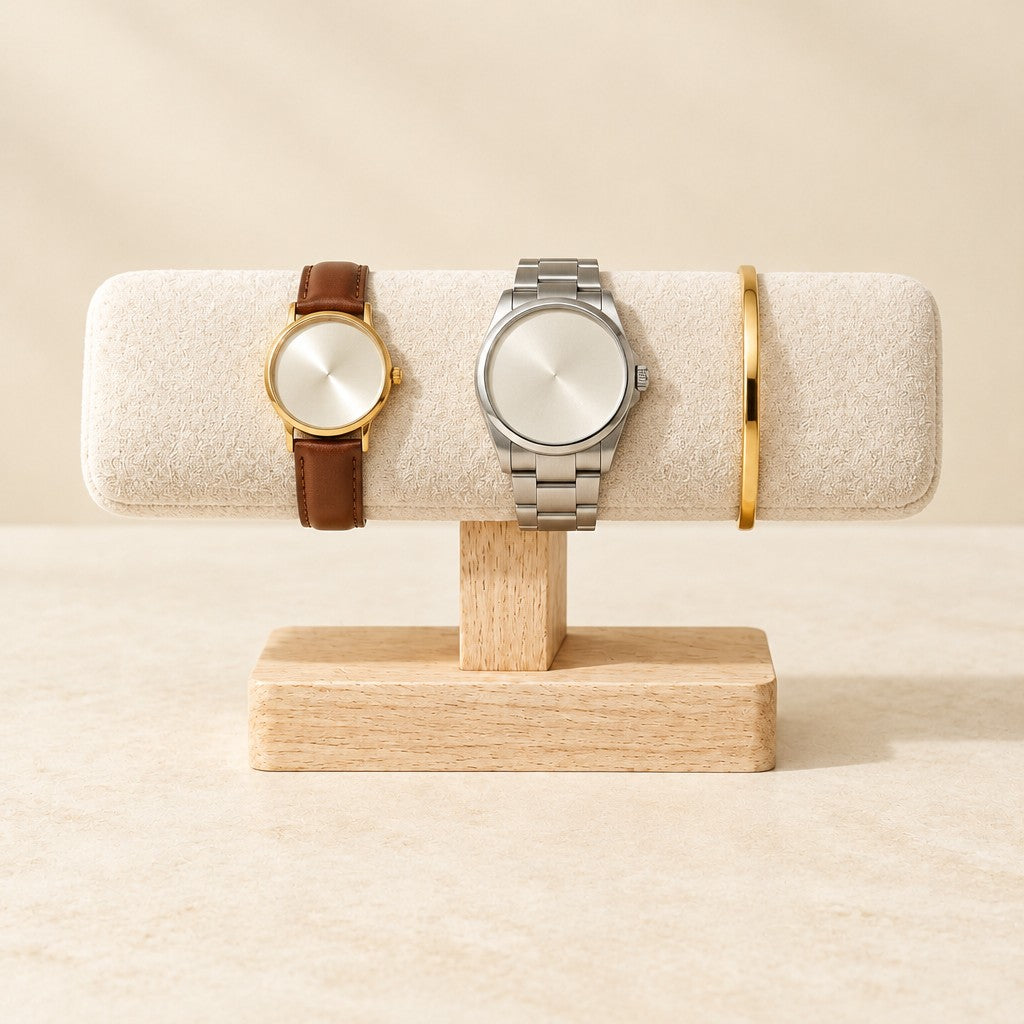 T-bar stand holding a 36 mm watch, a 42 mm watch and a bangle