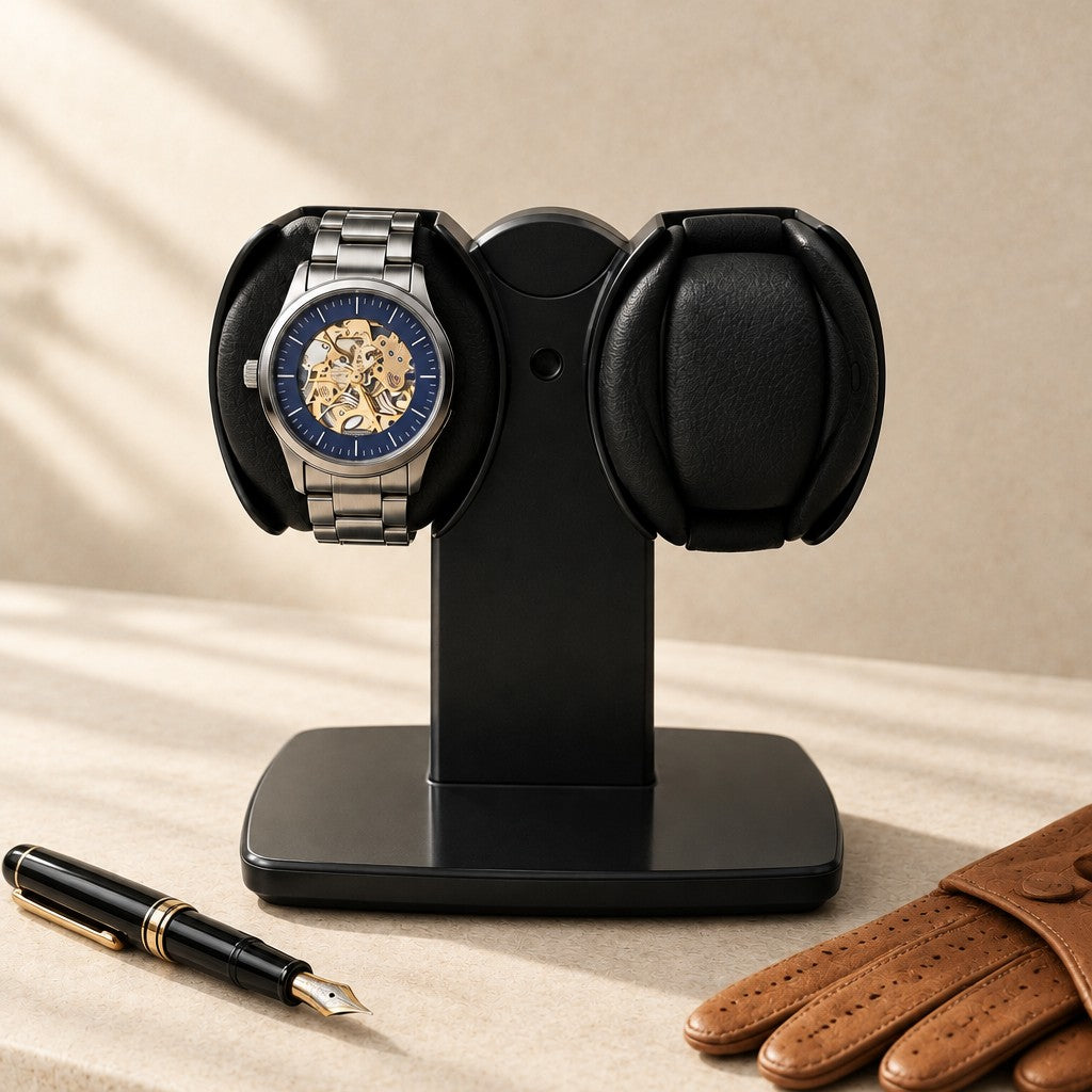 T-stand watch winder beside a fountain pen and leather gloves