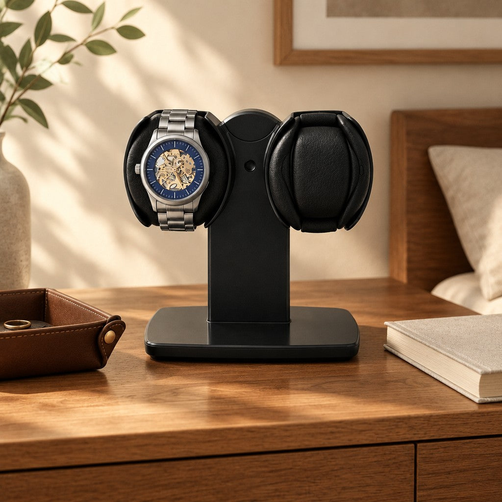 T-stand double watch winder on a wooden chest of drawers