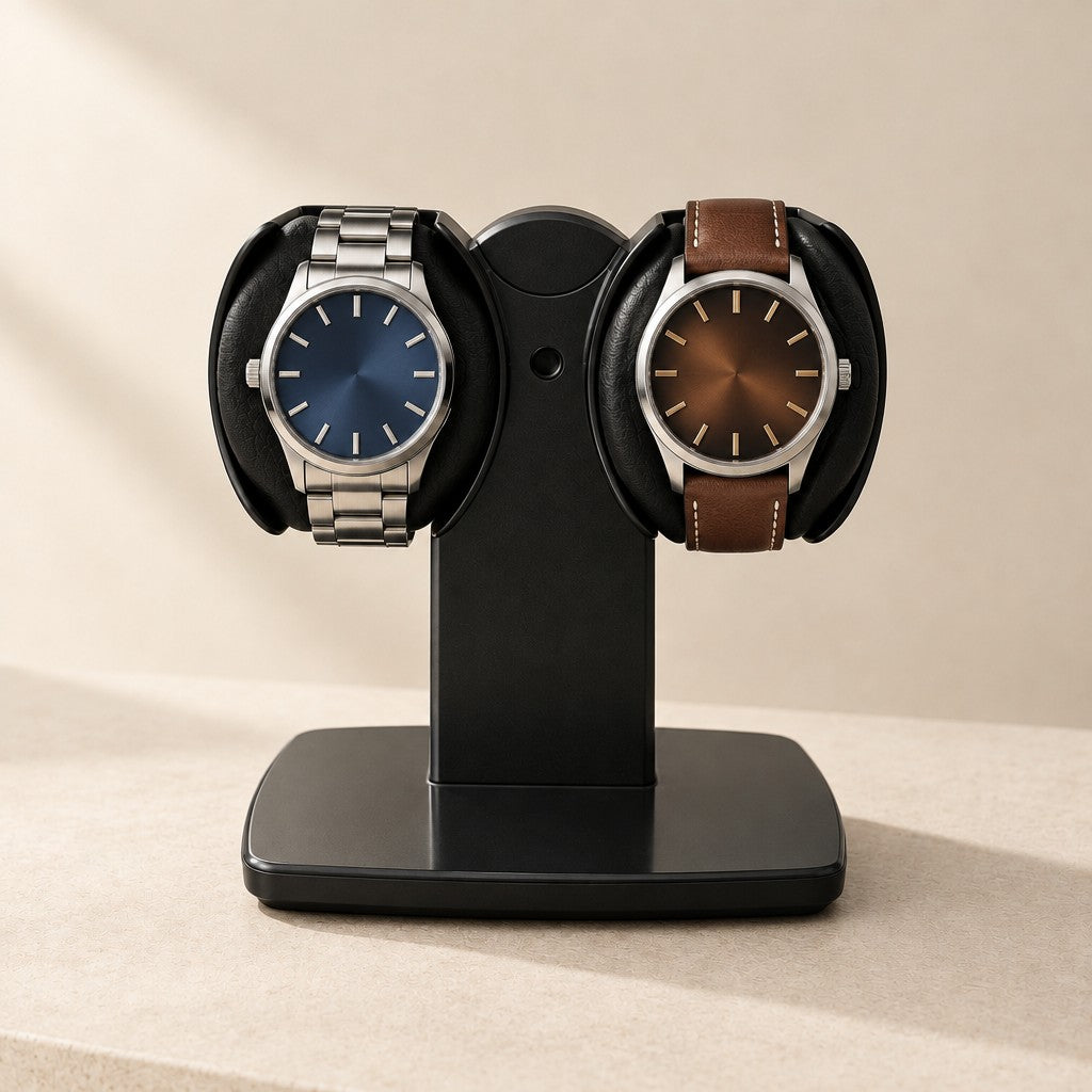 Front view of the T-stand winder with two watches