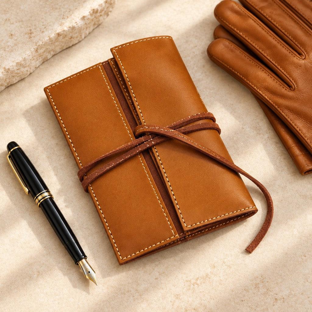 Tan leather watch roll folded and tied, beside a fountain pen and leather gloves