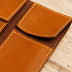 Close-up of the tan leather, the contrast stitching and the suede backing