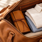 Tan leather watch roll in a weekender bag beside folded shirts
