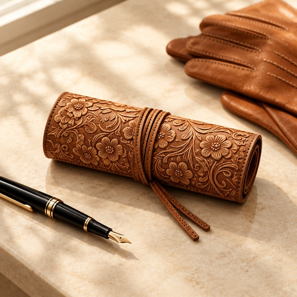 Tooled cowhide leather watch roll with 4 pockets, beside a fountain pen and leather gloves
