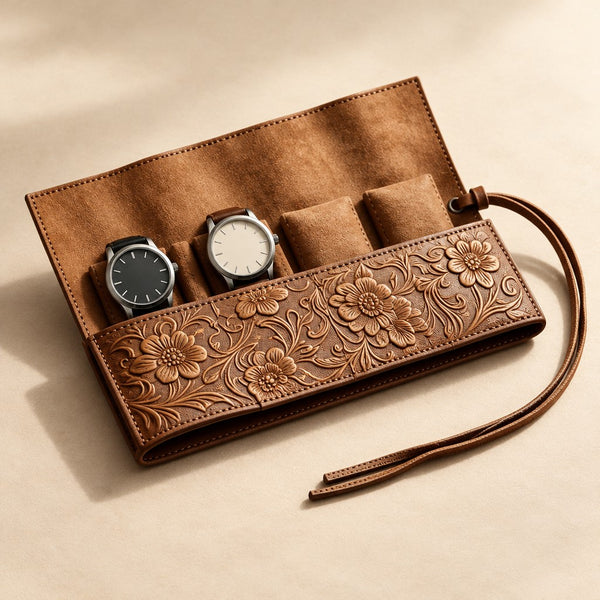 Tooled Cowhide Leather Watch Roll - 4 Slots