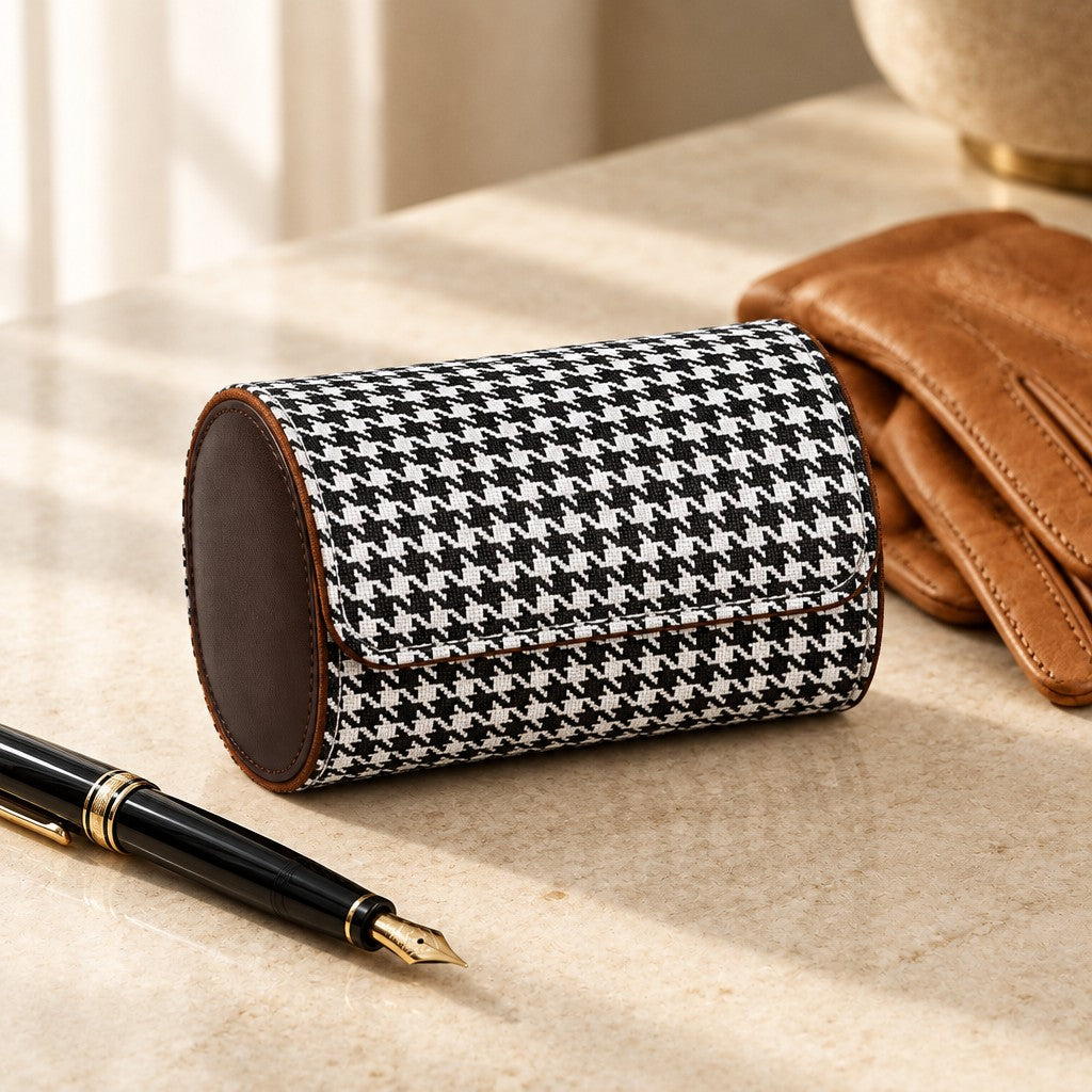 Houndstooth travel watch roll closed, beside a fountain pen and leather gloves