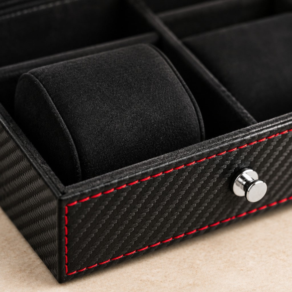Close-up of the lining and metal clasp of the two-tier carbon-pattern watch box