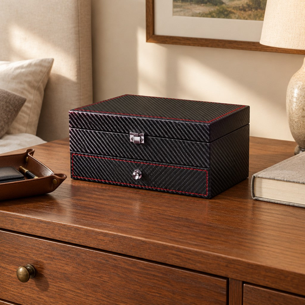 Two-tier carbon-pattern watch box on a wooden chest of drawers, beside a leather tray and a book, for scale