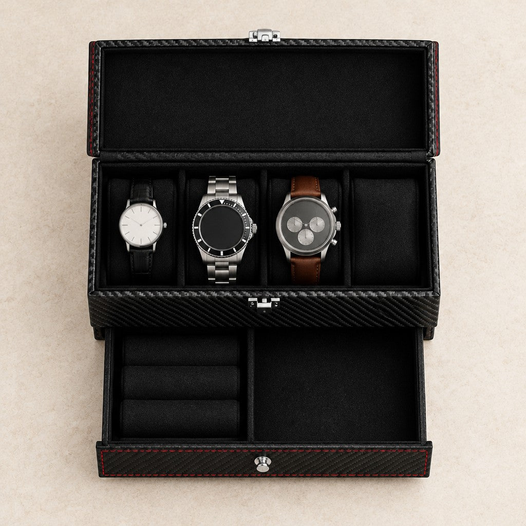 Top view of the two-tier carbon-pattern watch box with watches of different sizes