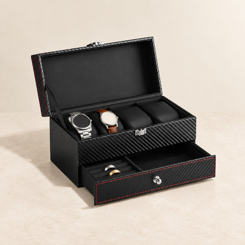 Two-tier carbon-pattern watch box with a jewelry drawer with the lid open