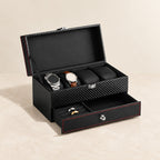 Two-tier carbon-pattern watch box with a jewelry drawer with the lid open