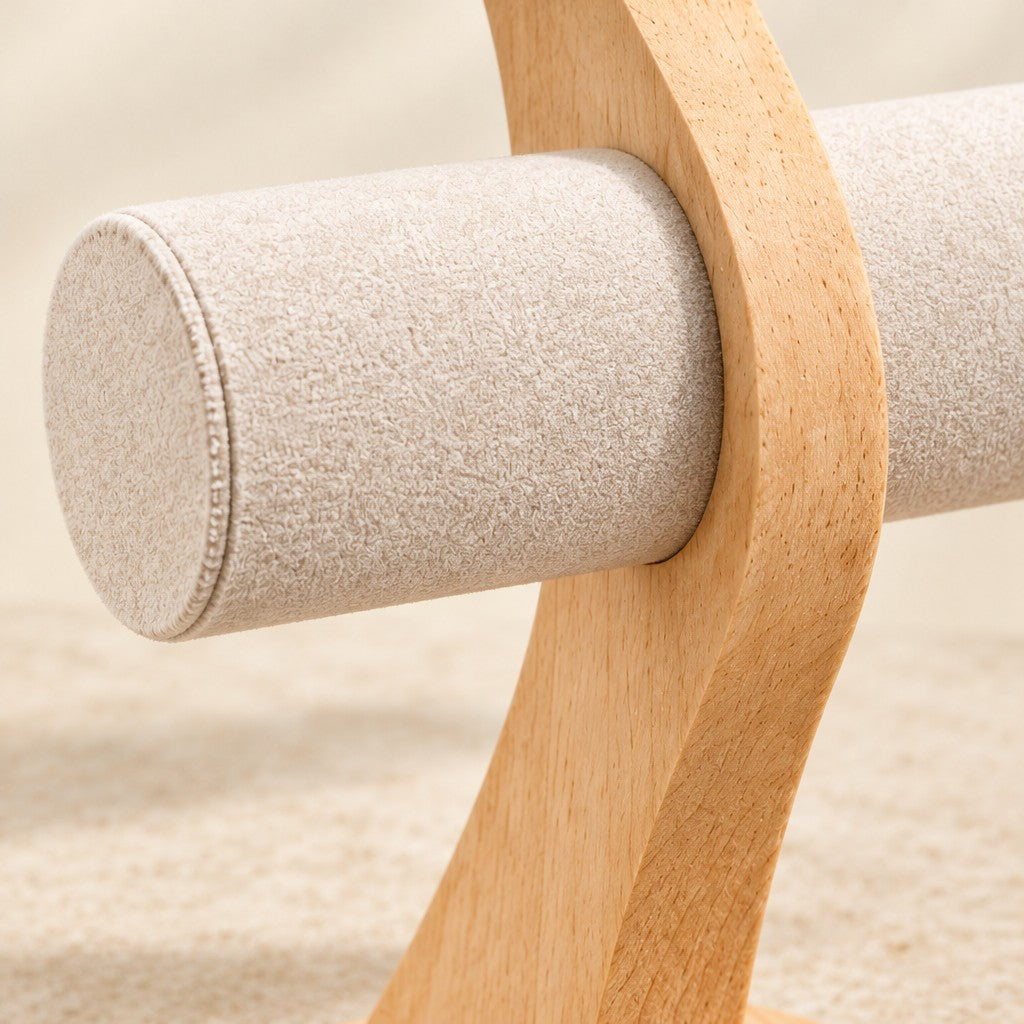 Close-up of the soft cream bar and the solid wood curve
