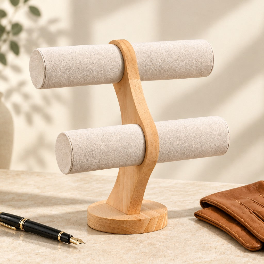 Curved wooden watch stand beside a fountain pen and leather gloves