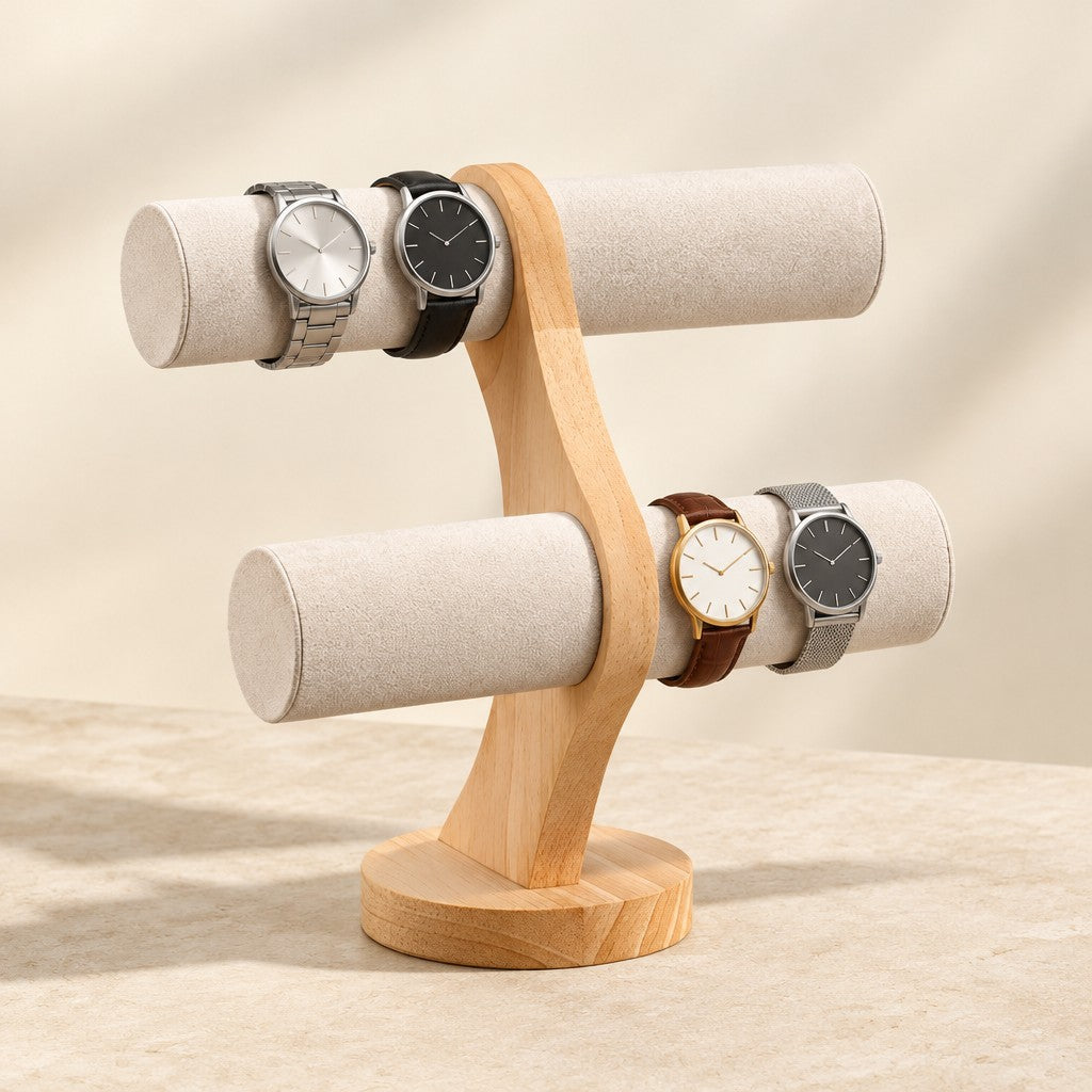 Two-tier curved wooden watch stand with four watches, three-quarter view