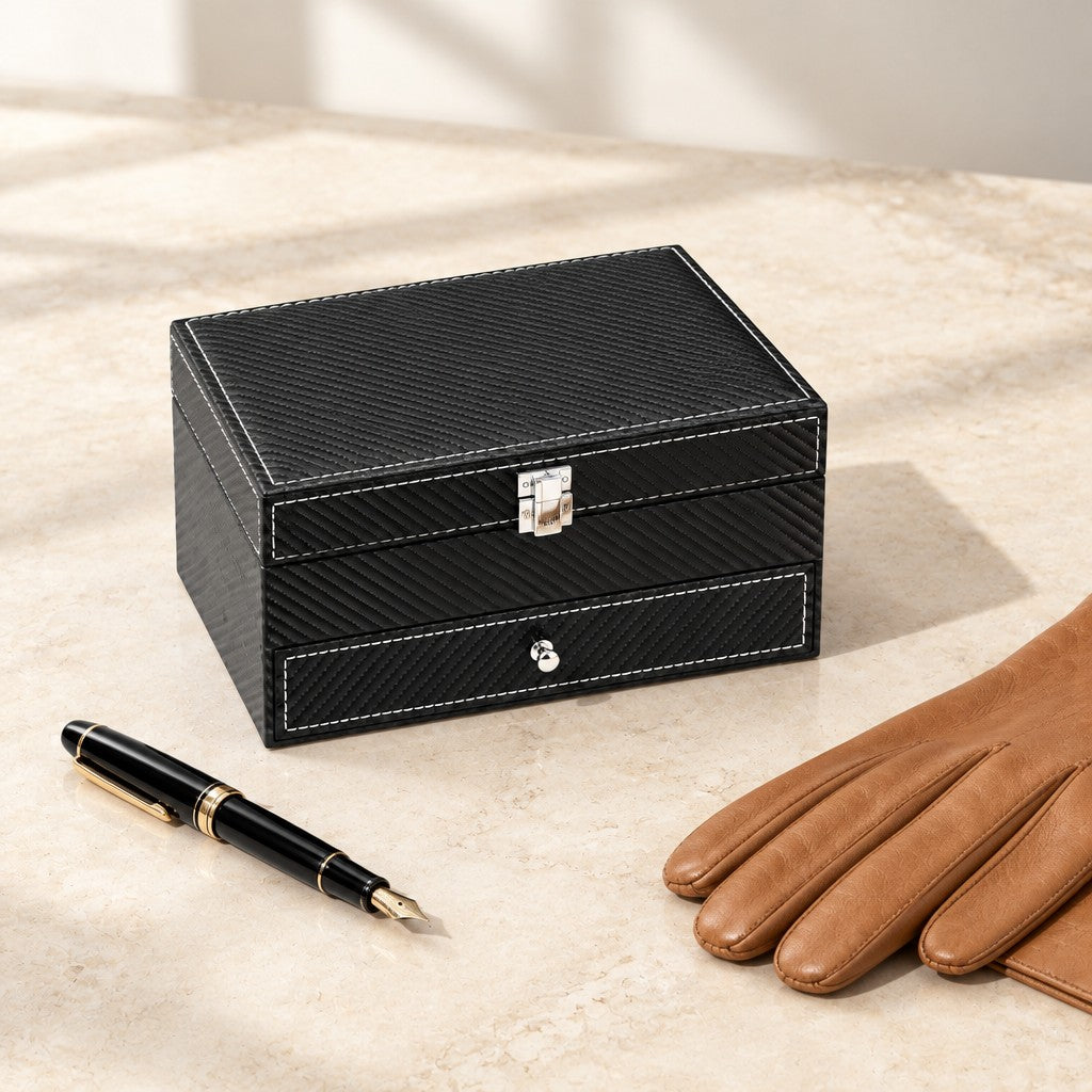 Two-tier 4-slot watch and jewelry box in black faux leather closed, beside a fountain pen and leather gloves