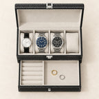 Top view of the two-tier watch and jewelry box with watches of different sizes