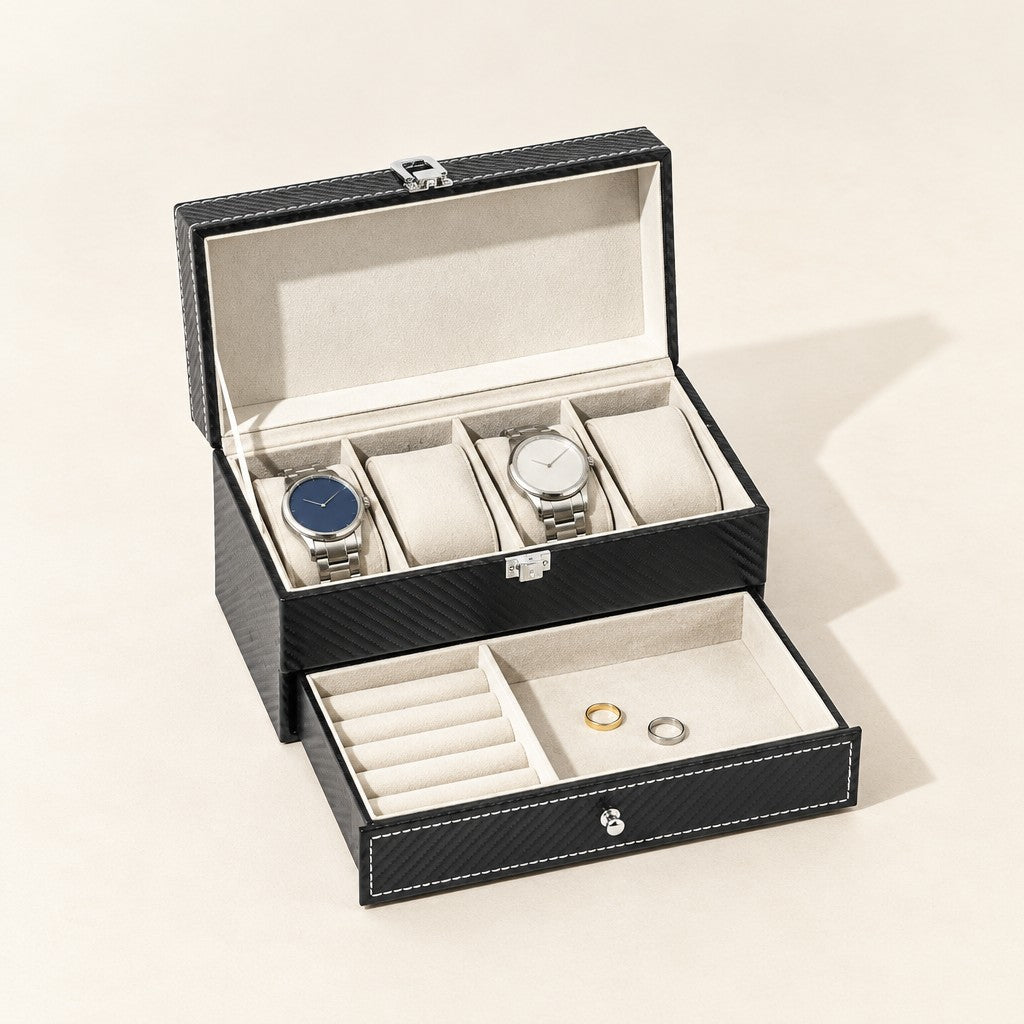 Two-tier 4-slot watch and jewelry box in black faux leather with the lid open