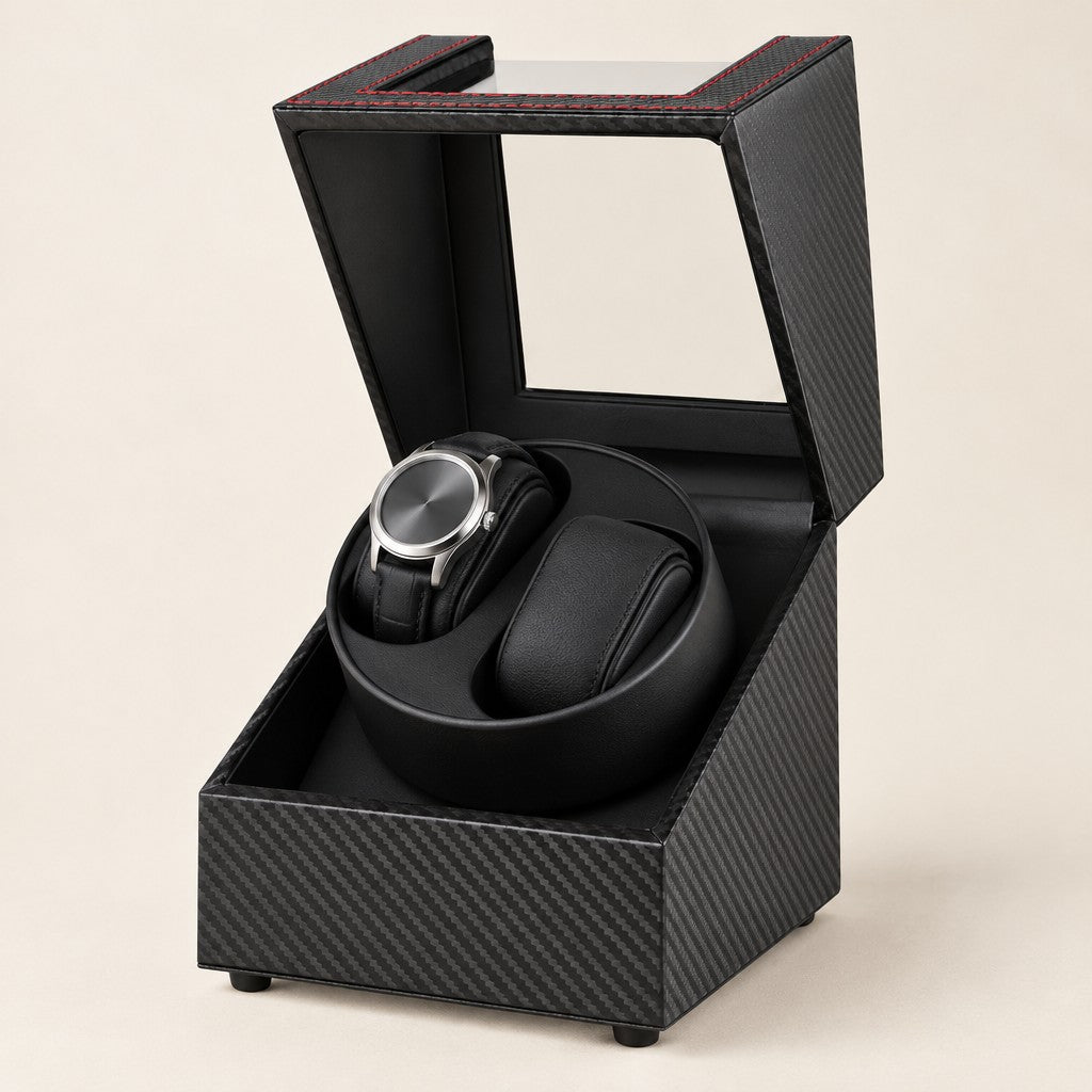 USB double watch winder in carbon-pattern finish, lid open with one watch