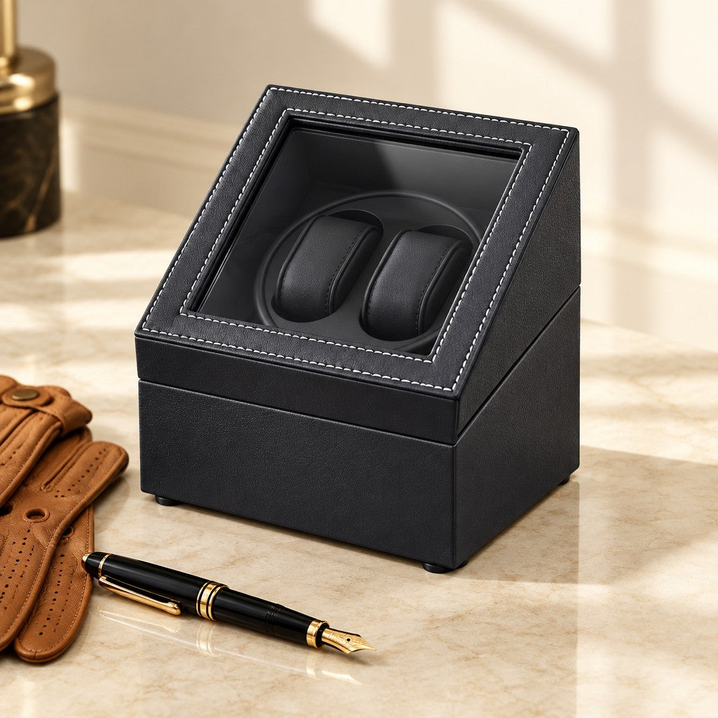 Double watch winder closed, beside a fountain pen and leather gloves