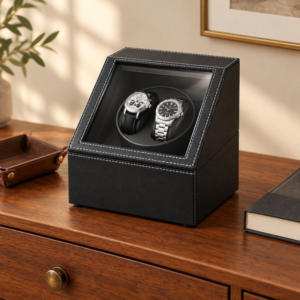 Double watch winder on a wooden chest of drawers