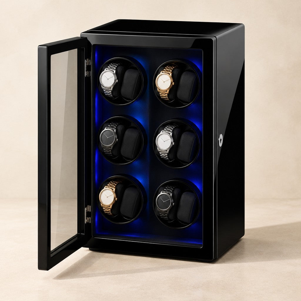 Black 12-watch winder cabinet with the glass door open and six watches