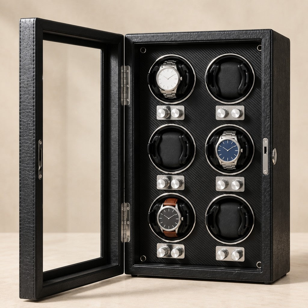 Black leather-finish 6-watch winder cabinet with the glass door open