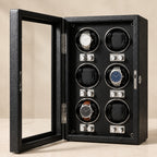Black leather-finish 6-watch winder cabinet with the glass door open