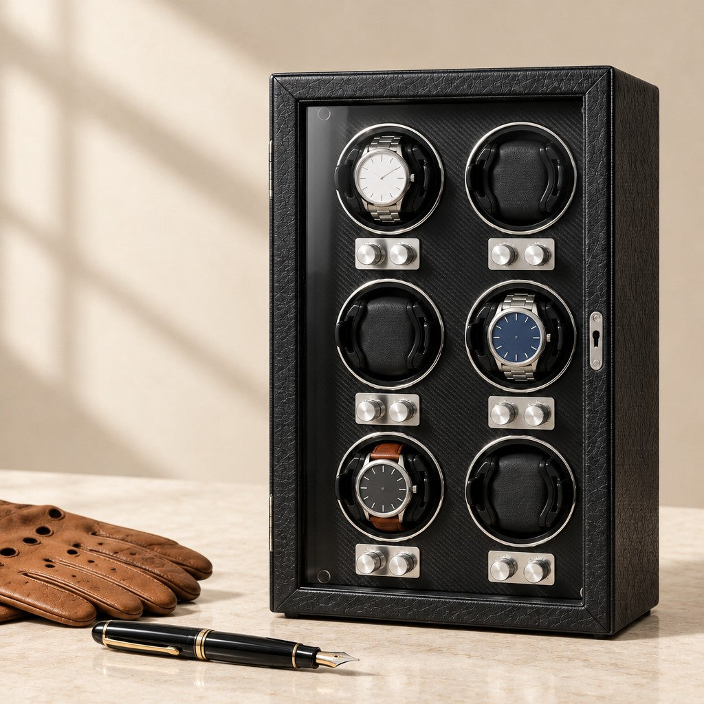 Black 6-watch winder cabinet closed, beside a fountain pen and leather gloves