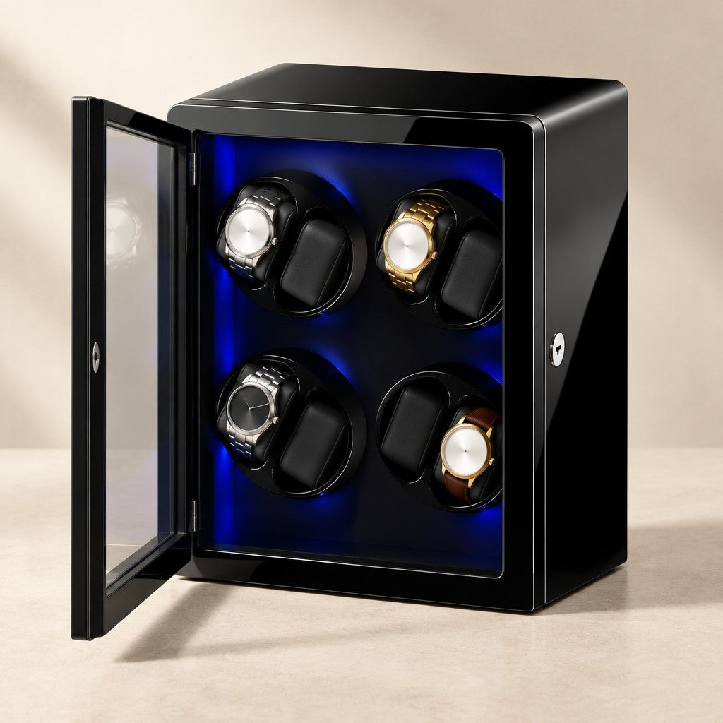 Black piano-lacquer 8-watch winder cabinet with the glass door open