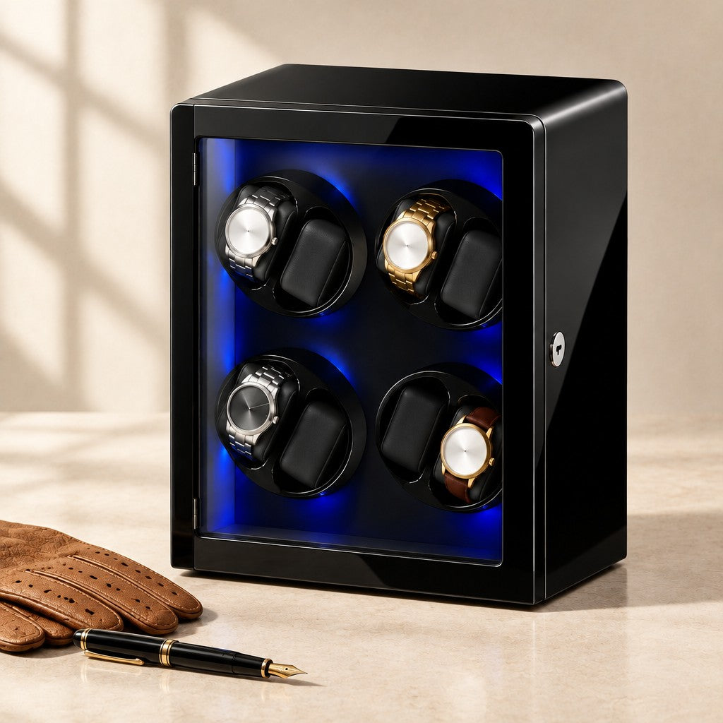 Black 8-watch winder cabinet closed, beside a fountain pen and leather gloves