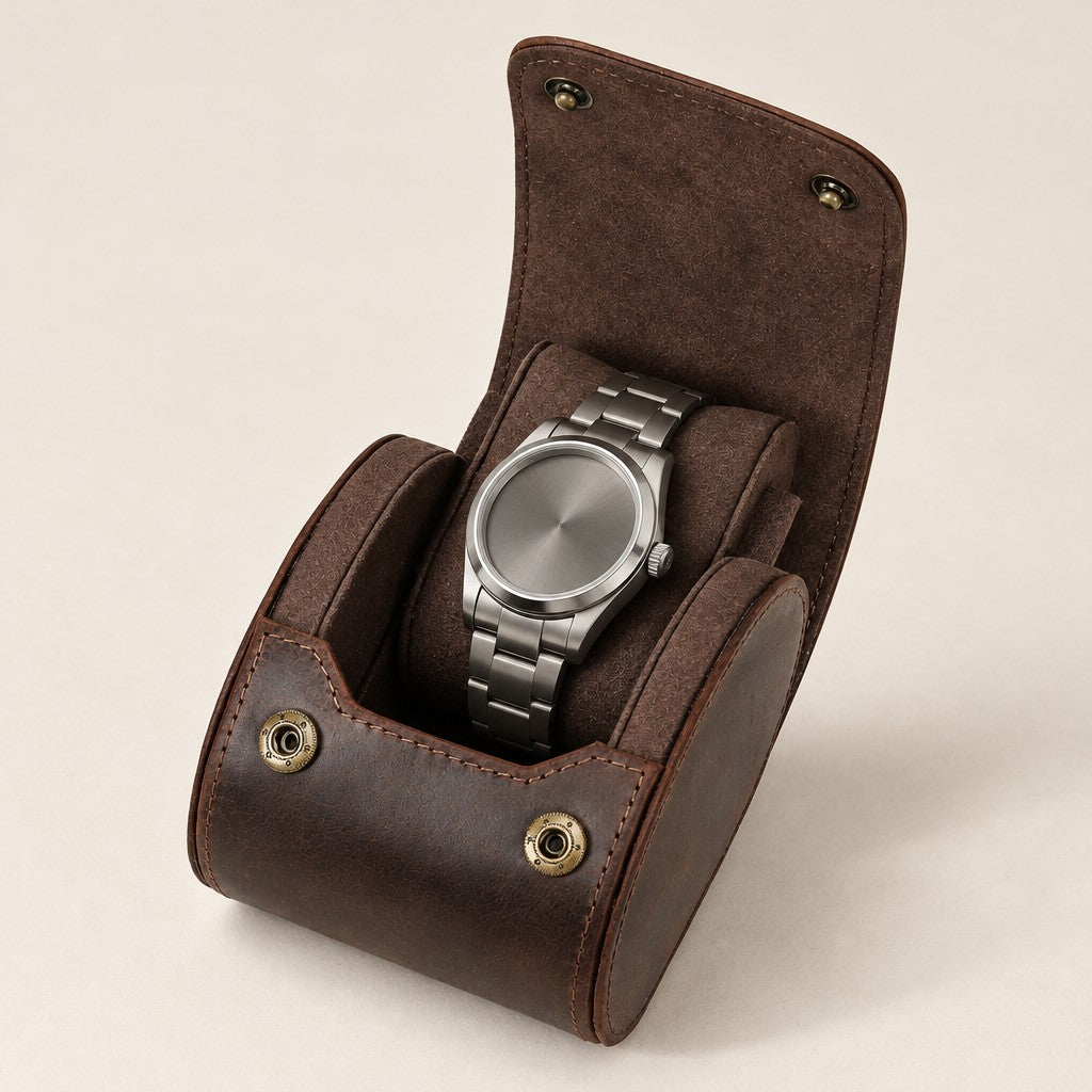 1-slot vintage leather watch roll open with one watch