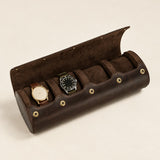 4-slot vintage leather watch roll open, with watches on brown suede pillows