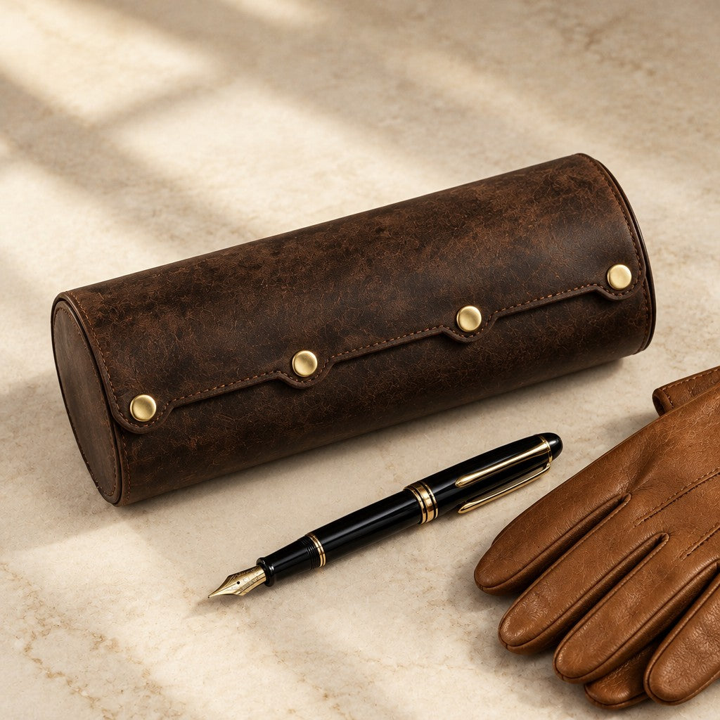 Vintage leather watch roll closed, beside a fountain pen and leather gloves