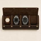 Top view of the 4-slot roll holding a 36 mm, a 42 mm and a 45 mm chronograph watch