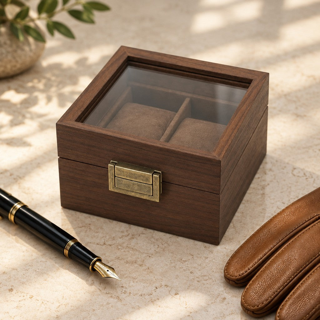 Walnut watch box closed, beside a fountain pen and leather gloves