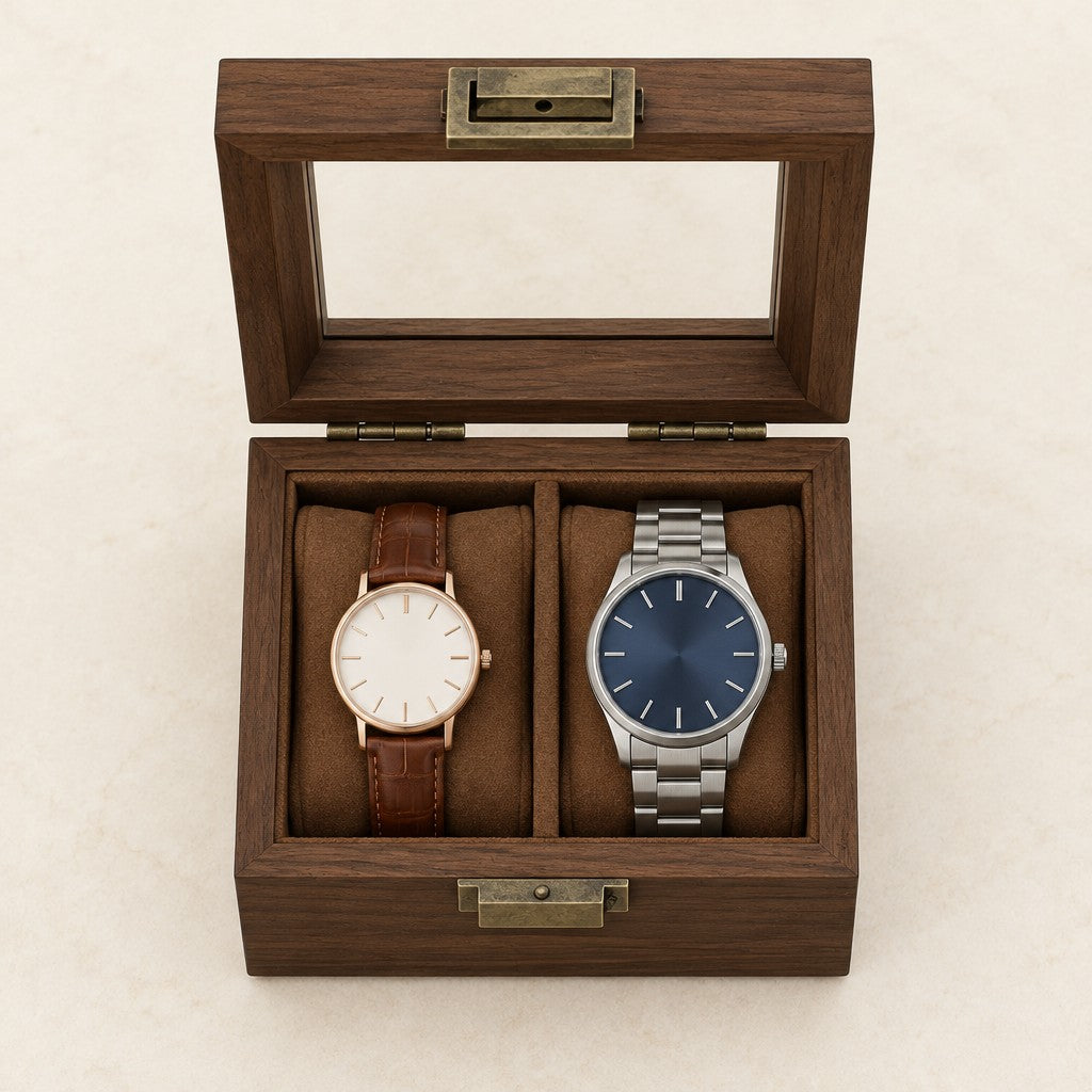 Walnut 2-slot watch box open with a 36 mm and a 40 mm watch