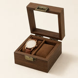 Vintage walnut 2-slot watch box open, a watch on one brown pillow
