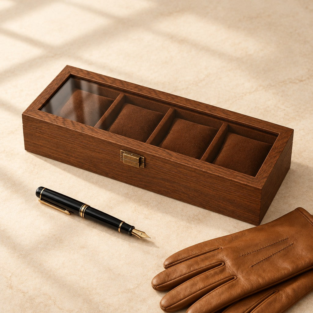 4-slot walnut-finish watch box with a glass top closed, beside a fountain pen and leather gloves