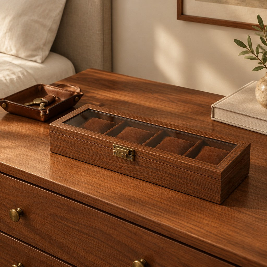 4-slot walnut watch box on a wooden chest of drawers, beside a leather tray and a book, for scale