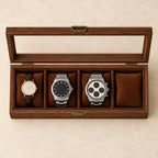 Top view of the 4-slot walnut watch box with watches of different sizes