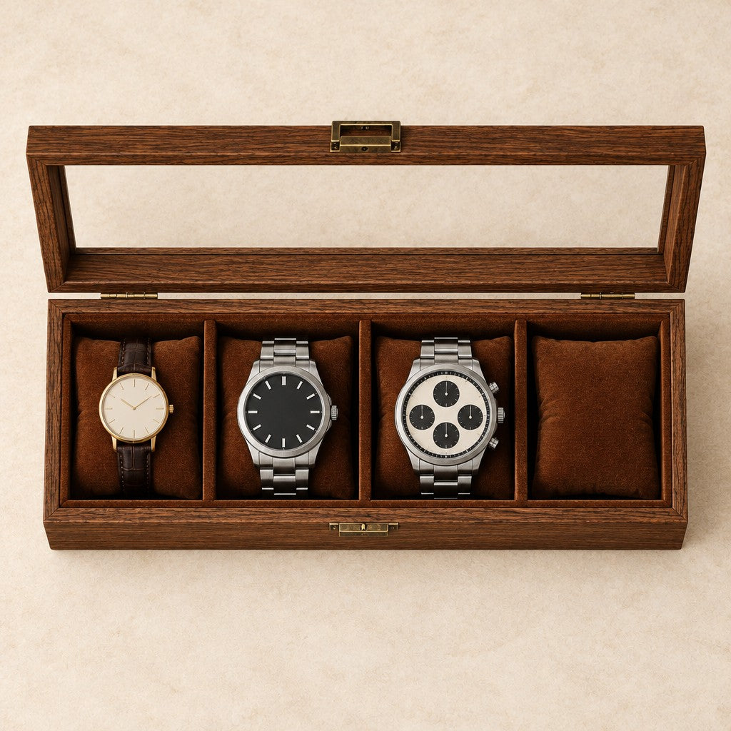 Top view of the 4-slot walnut watch box with watches of different sizes