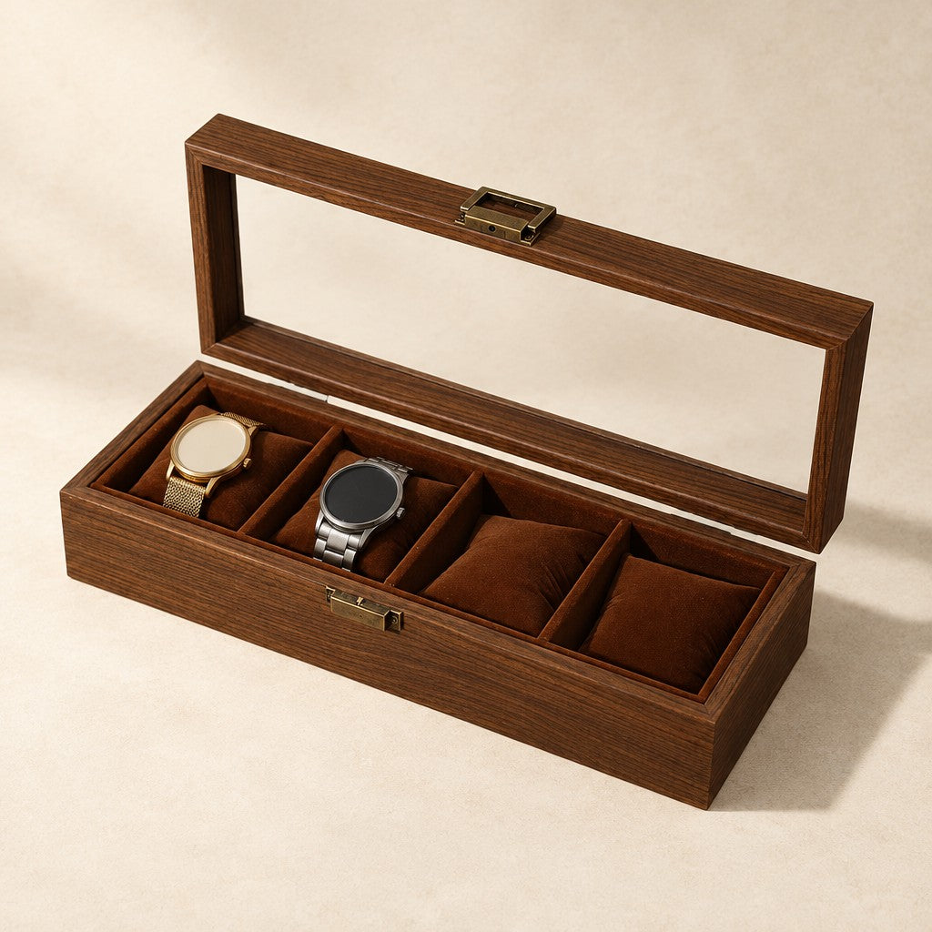 4-slot walnut-finish watch box with a glass top with the lid open
