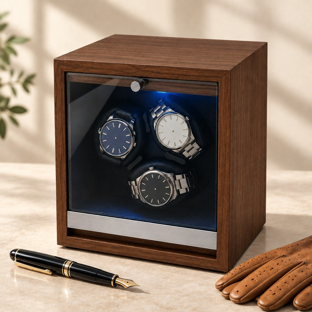 Walnut 3-watch winder beside a fountain pen and leather gloves